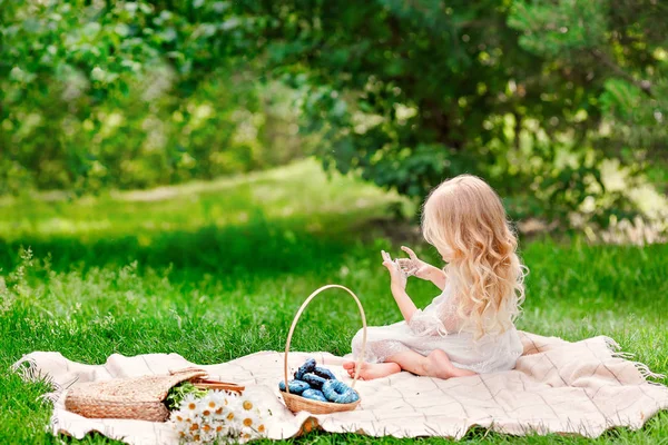 Beautiful little girl with blonde hair in white dress sitting on the plaid in the park sunny summer day back to camera.