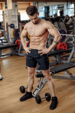 Kas atletik genç adam vücut geliştirmeci fitness modeli spor salonunda dumbbell ile egzersizleri sonra onun pazı göstermek.