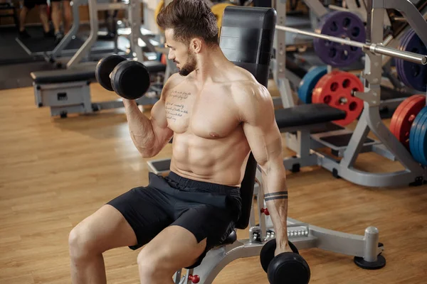 Muskularny sportowiec młody człowiek kulturysta fitness model ćwiczenia biceps z hantle na ławce w siłowni. — Zdjęcie stockowe