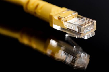 Siyah arkaplan üzerinde sarı ağ prizinin makro görüntüsü. Fiber optik.