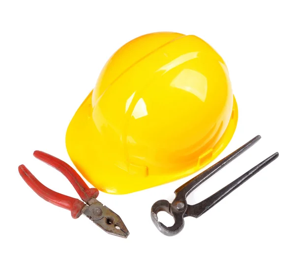 黄色いヘルメットと分離の白い背景の上のツール — ストック写真