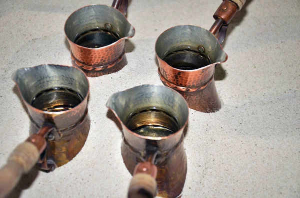 Close View Turkish Coffee Prepared Hot Golden Sand Coffee Preparation — Stock Photo, Image