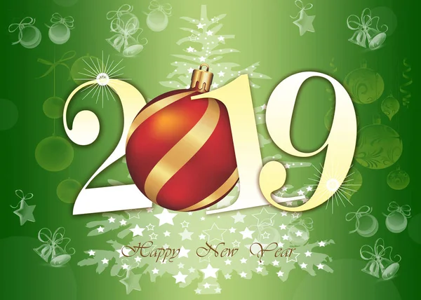 Mutlu Yeni Yıl 2019 Tebrik Kartı Yeşil Renkli Illüstrasyon Altın — Stok fotoğraf