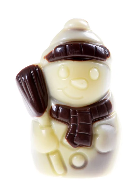 白色巧克力雕像雪人在一个被隔绝的白色背景 — 图库照片