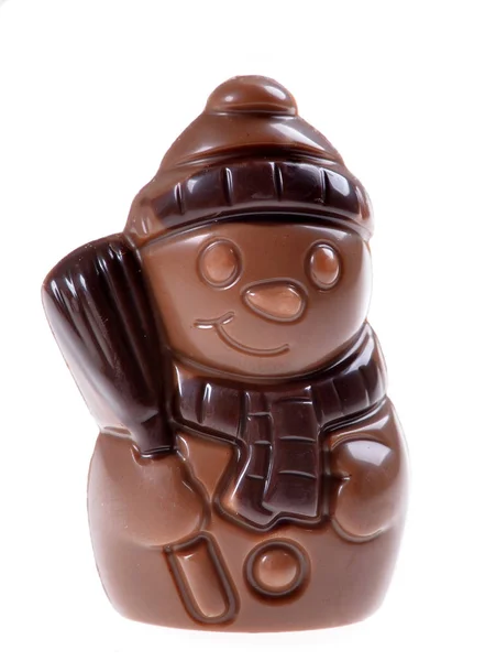 Figurine Chocolat Bonhomme Neige Sur Fond Blanc Isolé — Photo