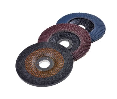 Kesme diskleri beyaz arka plan üzerinde izole açı değirmeni için ayarlayın. Üstten görünüm. 