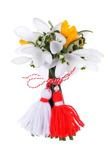 Bouquet Snowdrops Crocus Red White Traditional Bulgarian Martenitsa — Stock Photo, Image