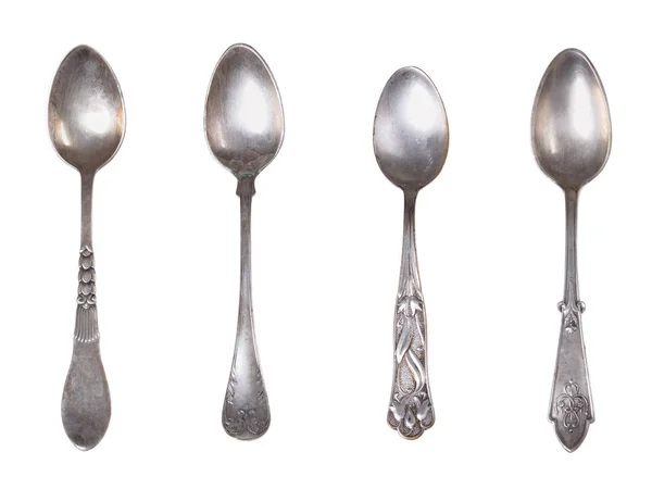 Top View Shiny Old Vintage Silver Empty Spoons Isolated White — Stock Photo, Image