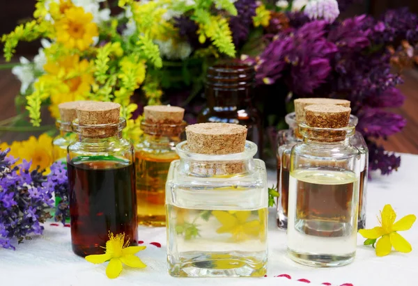 背景にハーブや花とガラスアロマセラピーエッセンシャルオイルボトルの選択 — ストック写真