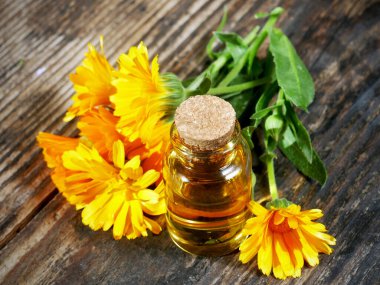 Ahşap arka planda kadife çiçekli kadife yağı şişesi. Calendula çiçeği.