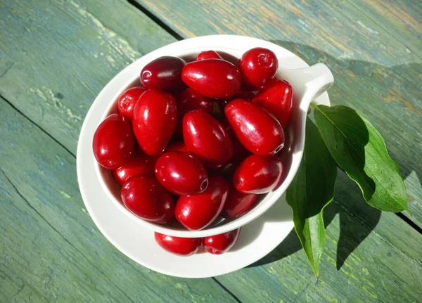 Rote Beeren Von Kornelkirsche Oder Hartriegel Mit Blatt Auf Dunklem — Stockfoto