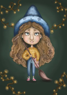 an illustration of a cute witch girl with a flying broom in hands, yellow sweater, curly hair and a big blue hat on the dark green background with soft lighting lamps clipart