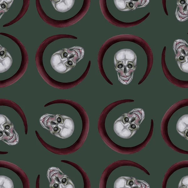 seamless pattern. a skull with make up and round red frame on the green background