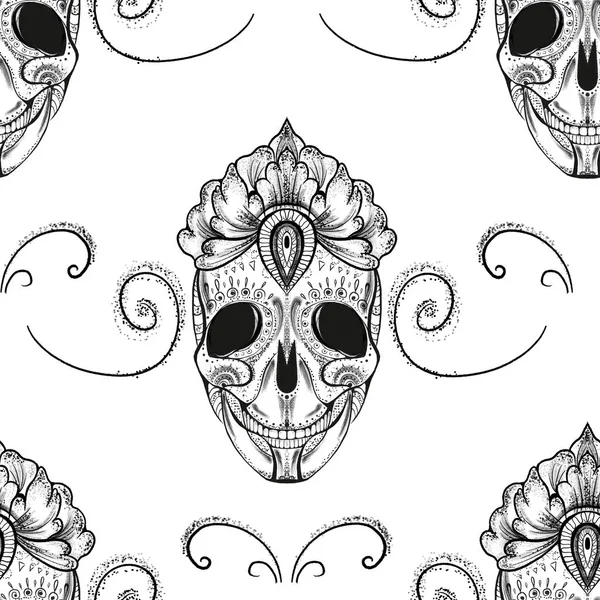 seamless pattern. black and white skull with elements around. dot work style