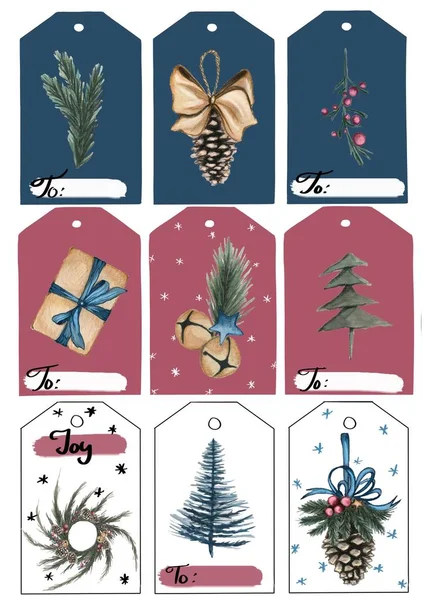 Christmas Mood Hand Drawn Water Color Illustration Set Christmas Tags — Stock Photo, Image