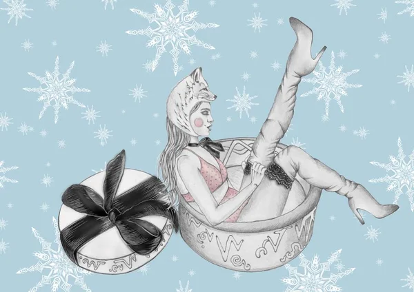 pencil hand drawn illustrtion of a woman sitting in the gift box and putting on high boots and fox hat, lingerie and long hair. snowflakes on the background