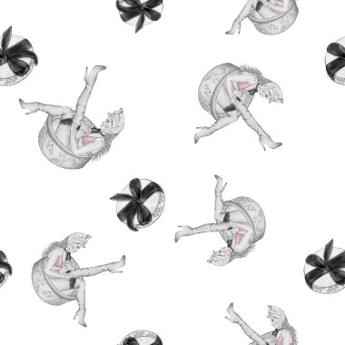 Noel ruh. Kalem elle çizilmiş seamless modeli. Yüksek çizme, iç çamaşırı ve fox şapka daşu hediye kutusu giyen siyah ve beyaz kadın