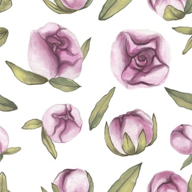 Seamless modeli. Sevgililer günü. Narin aşk. El su renk şakayık çiçekleri yaprakları ile düz beyaz arka plan üzerinde çekilmiş.