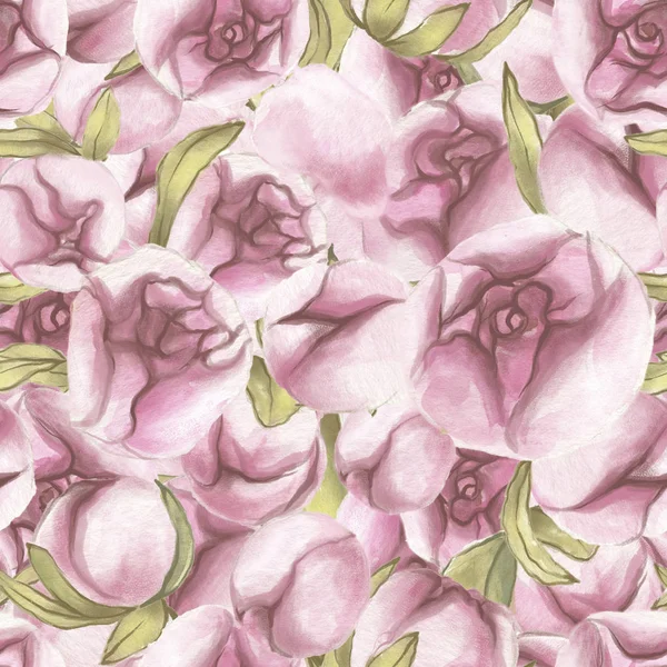 Seamless pattern. Valentines Day. Delicate Love. Hand drawn water color Peony Flowers with leaves.