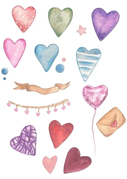 Valentines Day. Delicate Love. Hand drawn water color hearts on the flat white background