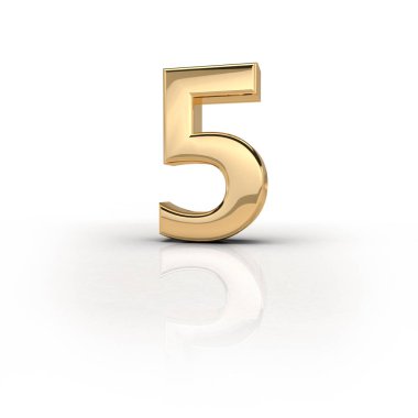 3D render (resimde) altın Metal karakter 5, beş. Sayılar, tarihler, harfler, karakter. Kutlama. Doğum günün kutlu olsun.