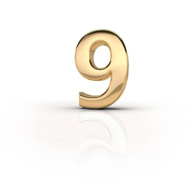 3D render (resimde) altın Metal karakter 9, dokuz. Sayılar, tarihler, harfler, karakter. Kutlama. Doğum günün kutlu olsun.