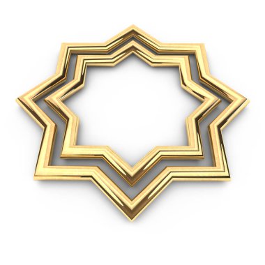 Altın şekil 3D render yuvarlak yıldız çerçeve metin, yüksek çözünürlükte beyaz arka plan üzerinde mücevher için yer ile kopya alanı ile