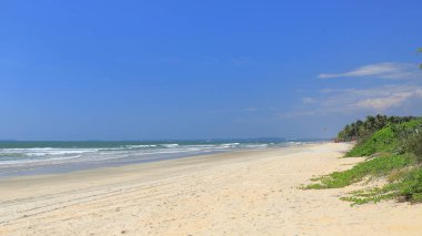 Hindistan, Güney Goa, Sernabatim beach. Sıcak okyanus, temiz, ince kum, palmiye ağaçları ve restoranlar, güzel günbatımı ve eğlence bol.