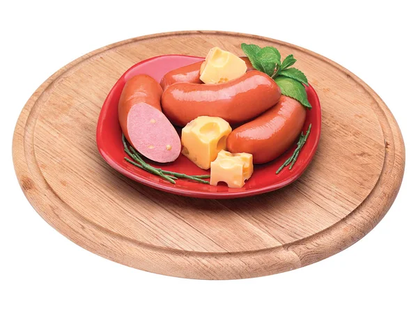 Tasty Fried Sausages Red Plate Cheese Greens Wooden Board White — Stock Photo, Image