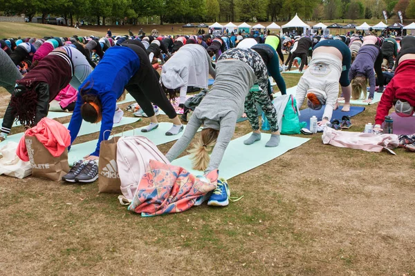 Atlanta, Ga, Amerika Birleşik Devletleri - 8 Nisan 2018: onlar Piedmont Park büyük grup yoga sınıfında 8 Nisan 2018 üzerinde Atlanta, Ga içinde yer almak gibi düzinelerce insan hep bir ağızdan aşağı doğru bakan köpek poz yapmak.