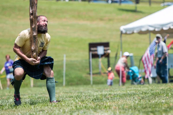 Man İskoç Highland Oyunları at Caber Toss gerçekleştirmek için hazır
