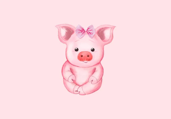 Little Pig Pink Bow Cute Watercolor Vector Illustration — Stock Vector