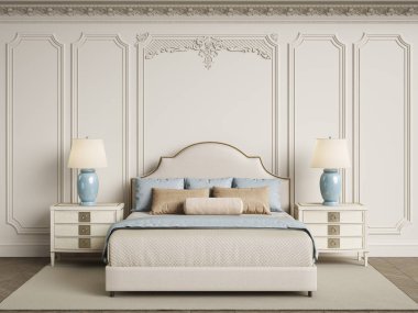 Klasik yatak odası mobilya klasik iç. Kalıplar, ornated korniş duvarlarla. Dijital illustration.3d işleme