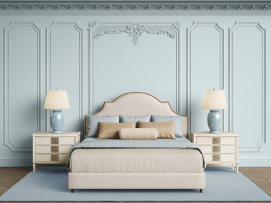 Klasik yatak odası mobilya klasik iç. Kalıplar, ornated korniş duvarlarla. Dijital illustration.3d işleme