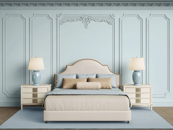 Classic bedroom furniture in classic interior.Walls with mouldings,ornated cornice.Digital illustration.3d rendering