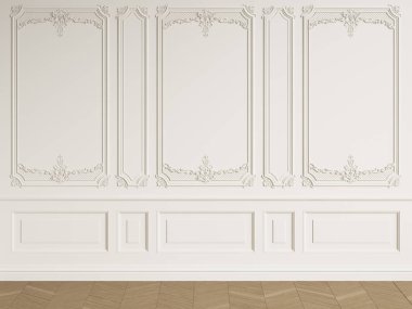 Kopya alanı ile klasik iç boş oda. Beyaz duvarları kalıplar ile. Zemin parke balıksırtı. Dijital Illustration.3d işleme