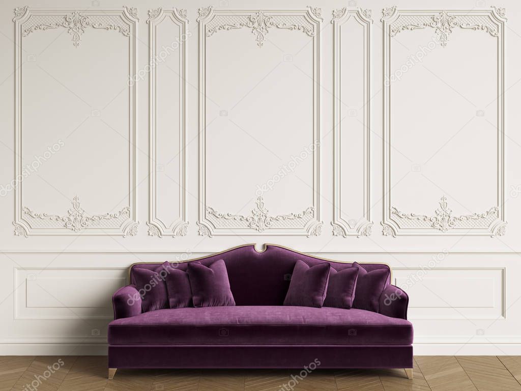 Classic sofa in classic interior with copy space.White walls with mouldings. Floor parquet herringbone.Digital Illustration.3d rendering