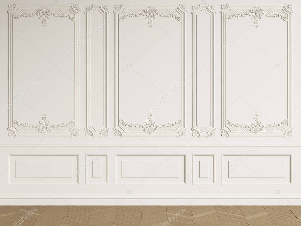 Classic interior empty room with copy space.White walls with mouldings. Floor parquet herringbone.Digital Illustration.3d rendering