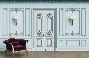 Klasik koltuk kopya alanı ile klasik iç. Kalıplar, ornated korniş duvarlarla. Zemin parke balıksırtı. Klasik kapı dekorasyonu ile. Duvar aplikler. Dijital Illustration.3d işleme