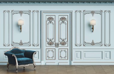 Klasik koltuk kopya alanı ile klasik iç. Kalıplar, ornated korniş duvarlarla. Zemin parke balıksırtı. Klasik kapı dekorasyonu ile. Duvar aplikler. Dijital Illustration.3d işleme