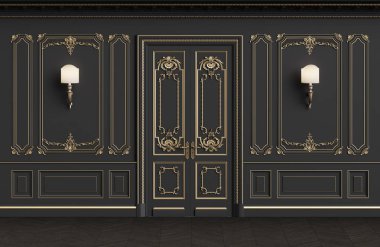 Classic interior walls with copy space.Walls with mouldings,ornated cornice. Floor parquet herringbone.Classic door with decoration.Sconces on the wall.Digital Illustration.3d rendering clipart
