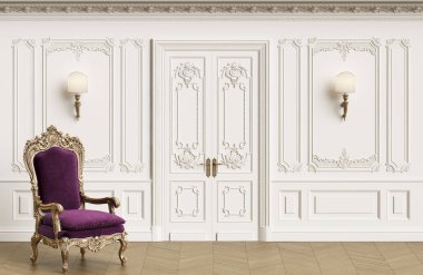 Klasik koltuk kopya alanı ile klasik iç. Kalıplar, ornated korniş duvarlarla. Zemin parke balıksırtı. Klasik kapı dekorasyonu ile. Duvar aplikler. Dijital Illustration.3d işleme
