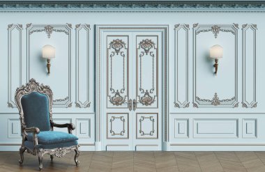 Klasik koltuk kopya alanı ile klasik iç. Kalıplar, ornated korniş duvarlarla. Zemin parke balıksırtı. Klasik kapı dekorasyonu ile. Duvar aplikler. Dijital Illustration.3d işleme