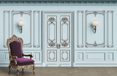 Klasik koltuk kopya alanı ile klasik iç. Kalıplar, ornated korniş duvarlarla. Zemin parke balıksırtı. Klasik kapı dekorasyonu ile. Duvar aplikler. Dijital Illustration.3d işleme