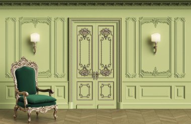 Klasik koltuk kopya alanı ile klasik iç. Kalıplar, ornated korniş duvarlarla. Zemin parke balıksırtı. Klasik kapı dekorasyonu ile. Duvar aplikler. Dijital Illustration.3d işleme