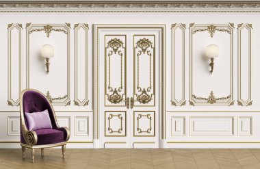 Klasik koltuk kopya alanı ile klasik iç. Kalıplar, ornated korniş duvarlarla. Zemin parke balıksırtı. Klasik kapı dekorasyonu ile. Duvar aplikler. Dijital Illustration.3d işleme