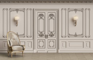 Klasik koltuk kopya alanı ile klasik iç. Kalıplar, ornated korniş duvarlarla. Zemin parke balıksırtı. Klasik kapı dekorasyonu ile. Duvar aplikler. Dijital Illustration.3d işleme