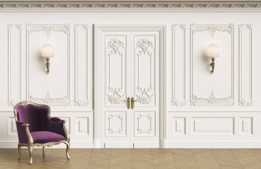 Klasik koltuk kopya alanı ile klasik iç. Kalıplar, ornated korniş duvarlarla. Zemin parke balıksırtı. Klasik kapı dekorasyonu ile. Duvar aplikler. Dijital Illustration.3d işleme