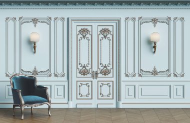 Klasik koltuk kopya alanı ile klasik iç. Kalıplar, ornated korniş duvarlarla. Zemin parke balıksırtı. Klasik kapı dekorasyonu ile. Duvar aplikler. Dijital Illustration.3d işleme