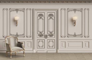Klasik koltuk kopya alanı ile klasik iç. Kalıplar, ornated korniş duvarlarla. Zemin parke balıksırtı. Klasik kapı dekorasyonu ile. Duvar aplikler. Dijital Illustration.3d işleme